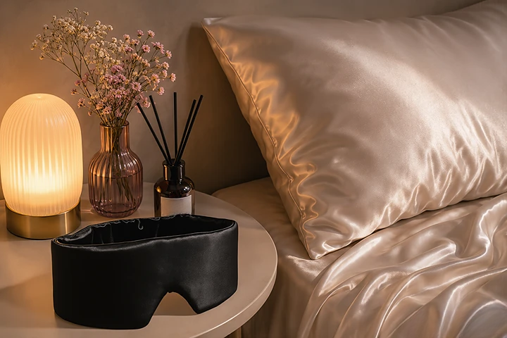 Chambre cocooning avec taie d'oreiller en soie et accessoires pour mieux dormir